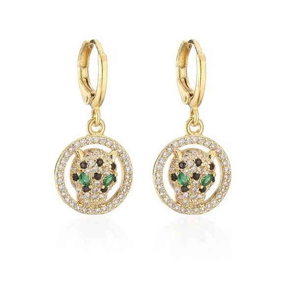 18K Gold Pavé Diamond Panther Designer Inspired Huggie Hoop Dangle Drop Earrings - Picture 3 of 5